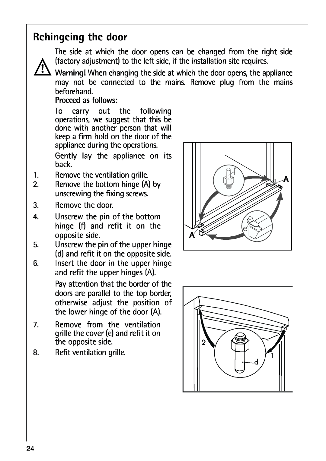Electrolux 72398 KA user manual Rehingeing the door, Procced as follows 