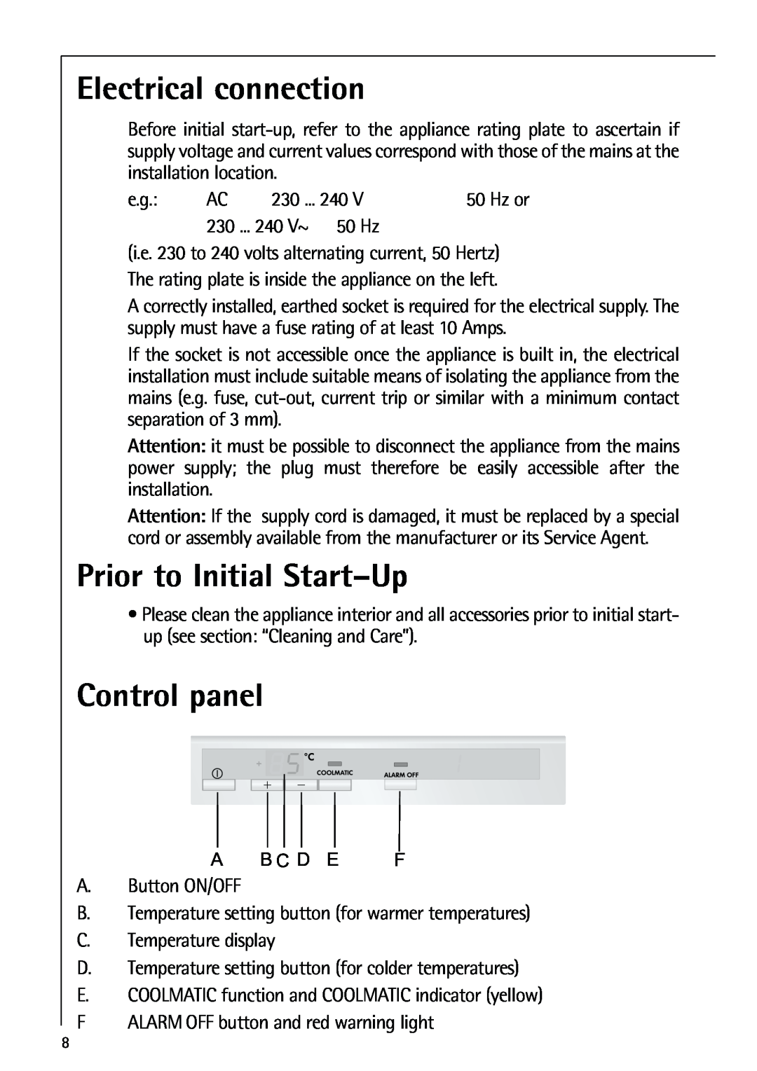 Electrolux 72398 KA user manual Electrical connection, Prior to Initial Start-Up, Control panel 