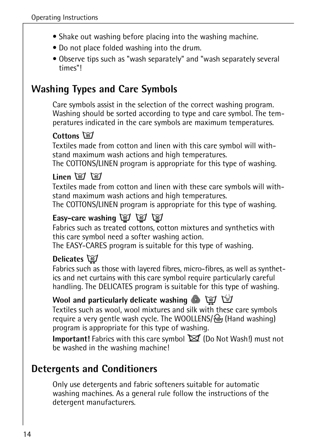 Electrolux 72620 Washing Types and Care Symbols, Detergents and Conditioners, Wool and particularly delicate washing 9 ì ï 