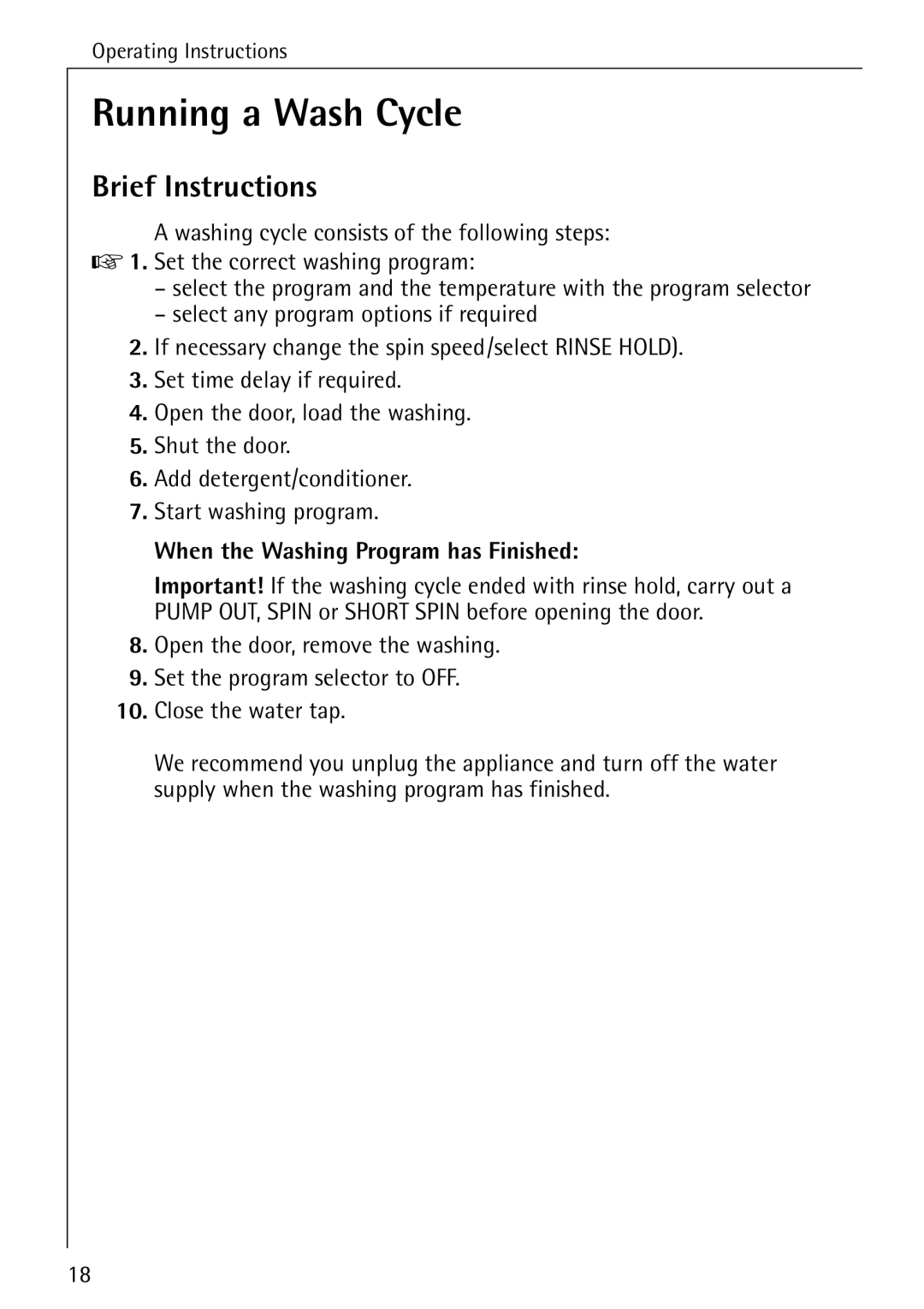 Electrolux 72620 manual Running a Wash Cycle, Brief Instructions 