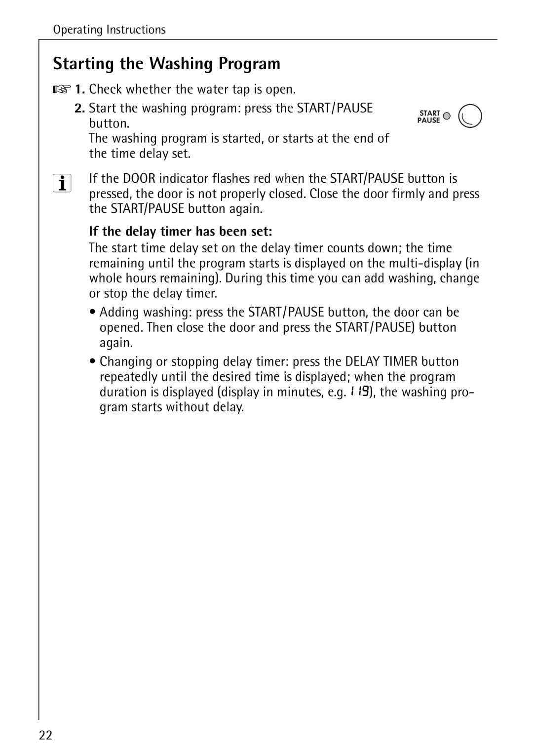 Electrolux 72620 manual Starting the Washing Program 