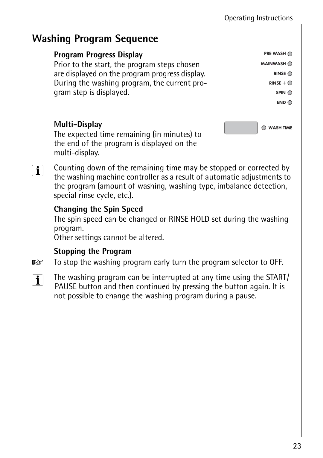 Electrolux 72620 manual Washing Program Sequence, Program Progress Display 