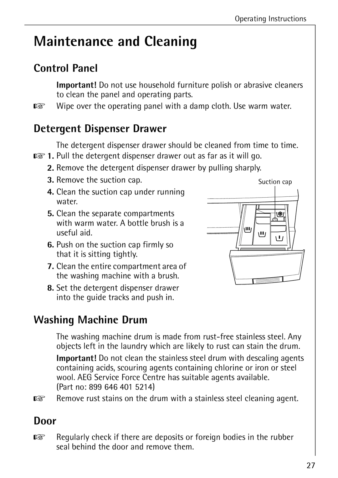 Electrolux 72620 manual Maintenance and Cleaning, Washing Machine Drum, Door 