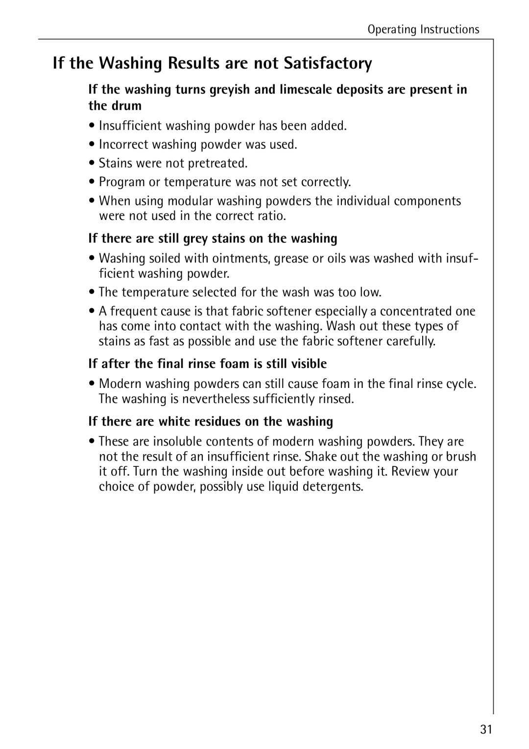 Electrolux 72620 manual If the Washing Results are not Satisfactory 