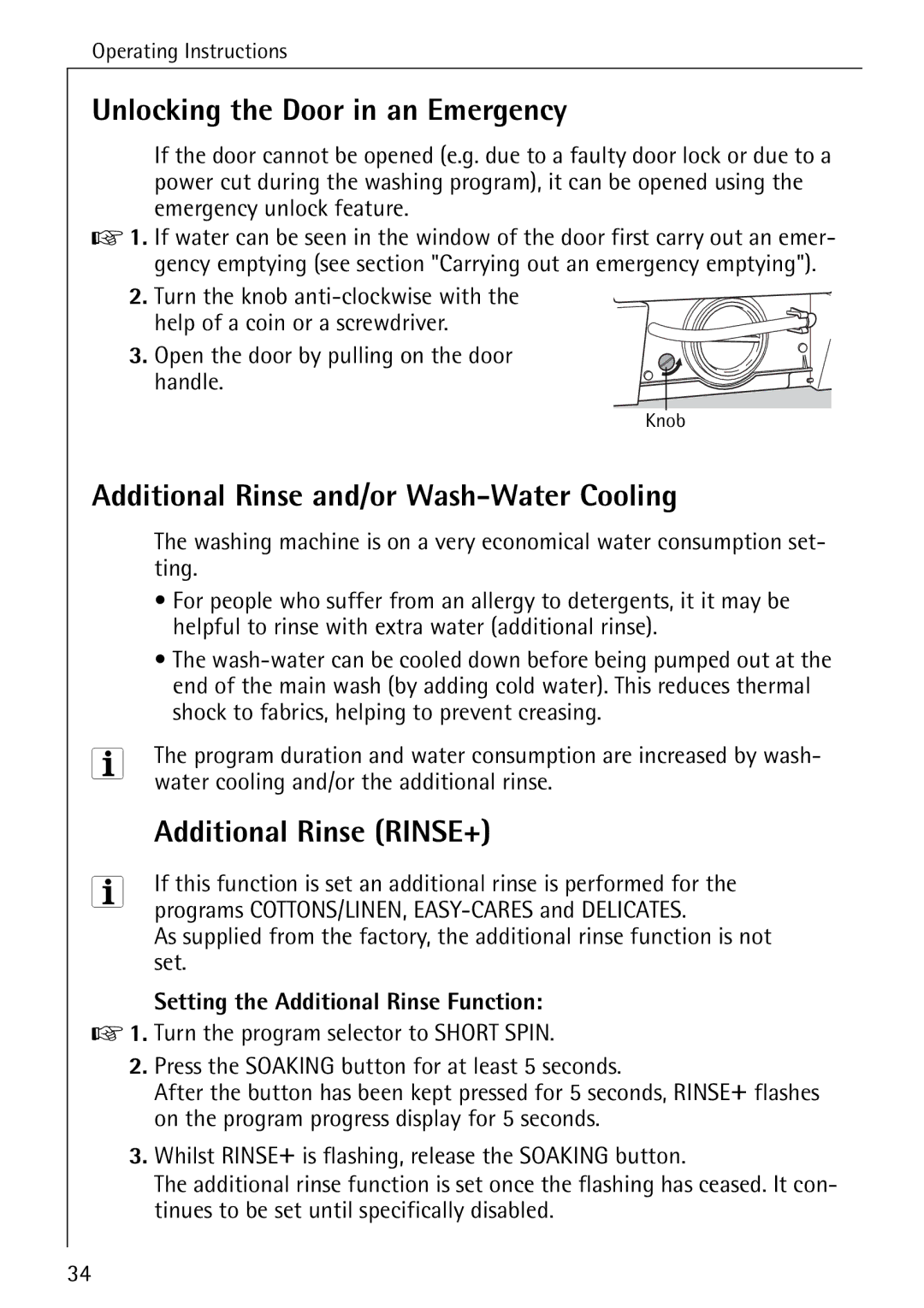 Electrolux 72620 Unlocking the Door in an Emergency, Additional Rinse and/or Wash-Water Cooling, Additional Rinse RINSE+ 