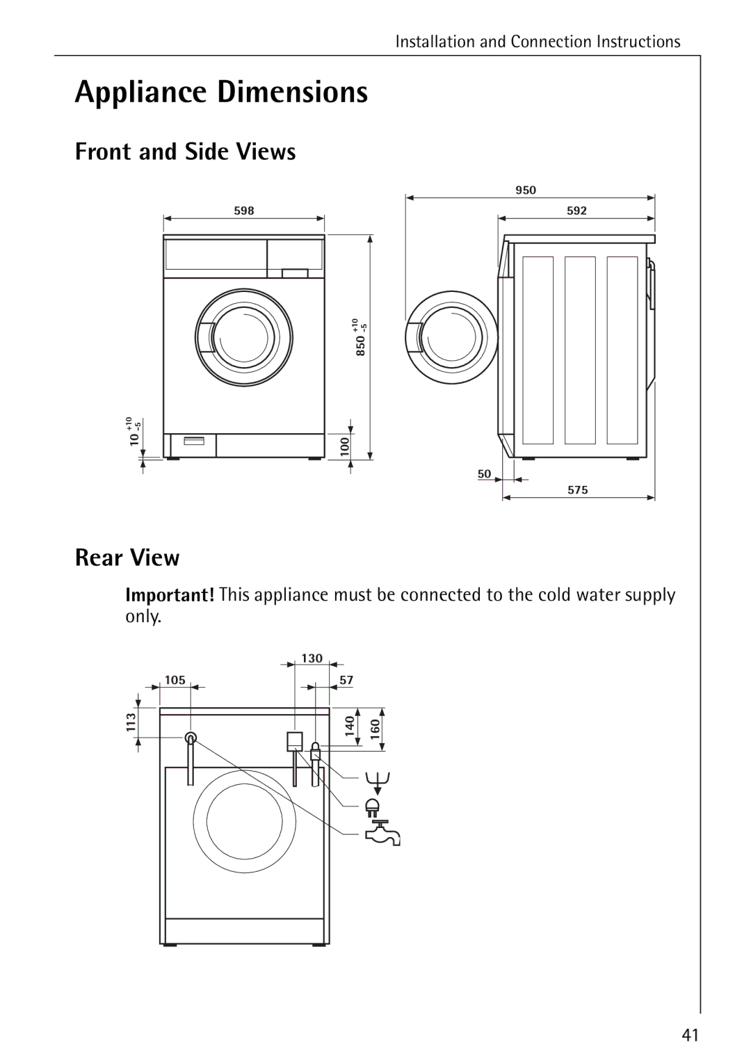 Electrolux 72620 manual Appliance Dimensions, Front and Side Views Rear View 