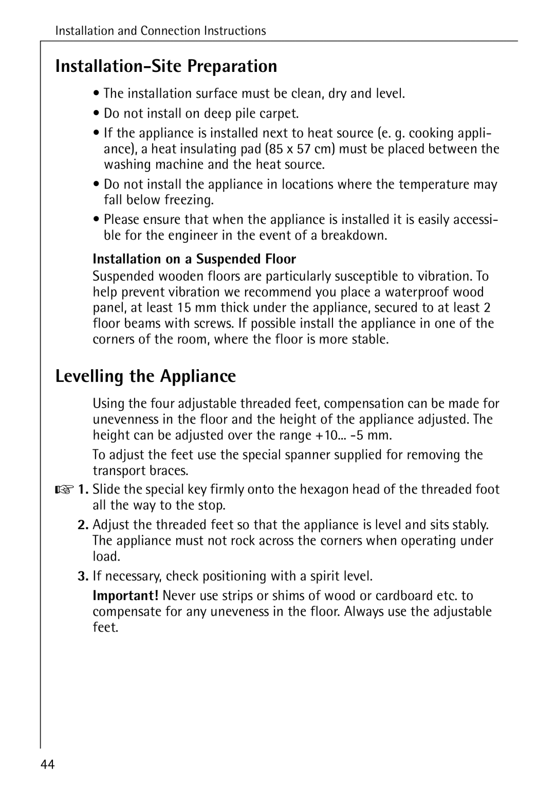 Electrolux 72620 manual Installation-Site Preparation, Levelling the Appliance 