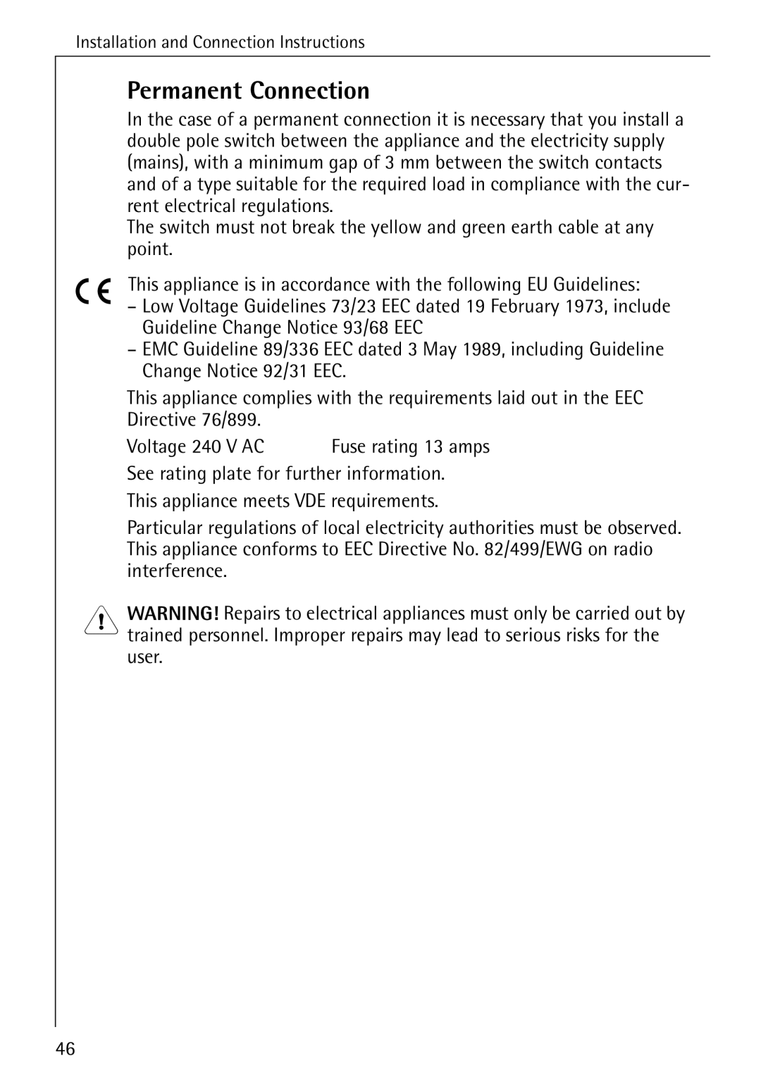 Electrolux 72620 manual Permanent Connection 