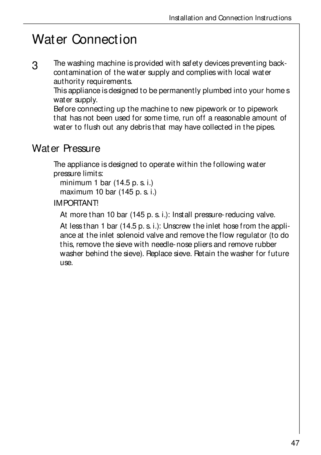 Electrolux 72620 manual Water Connection, Water Pressure 