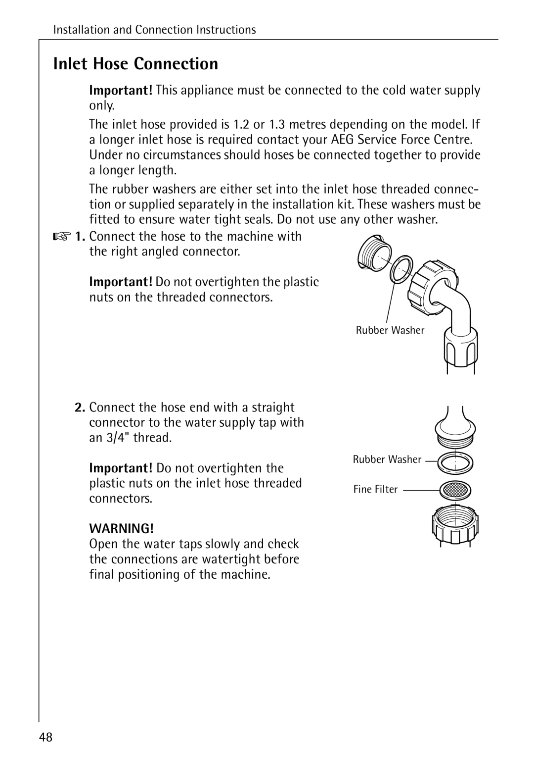 Electrolux 72620 manual Inlet Hose Connection 