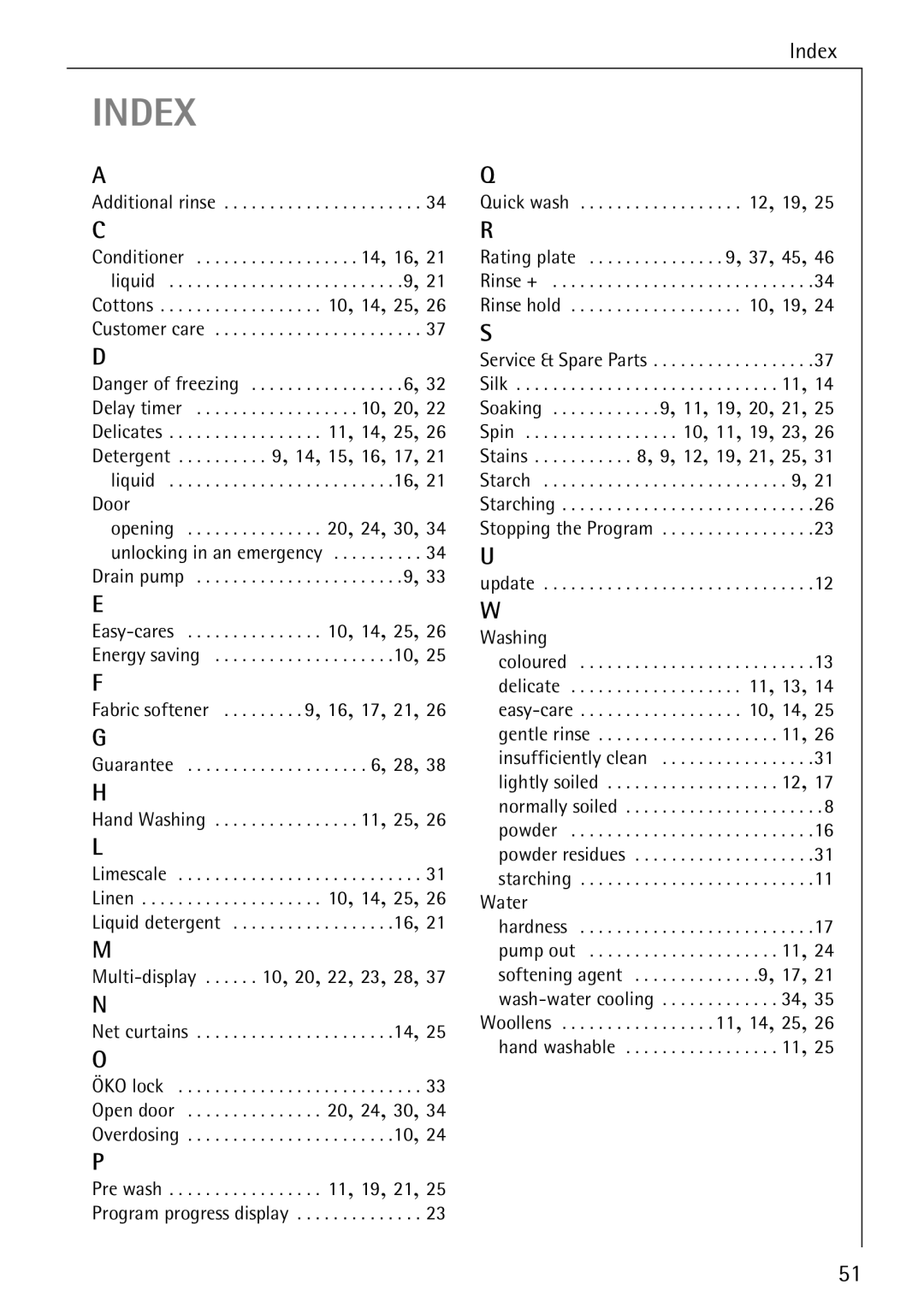 Electrolux 72620 manual Index 