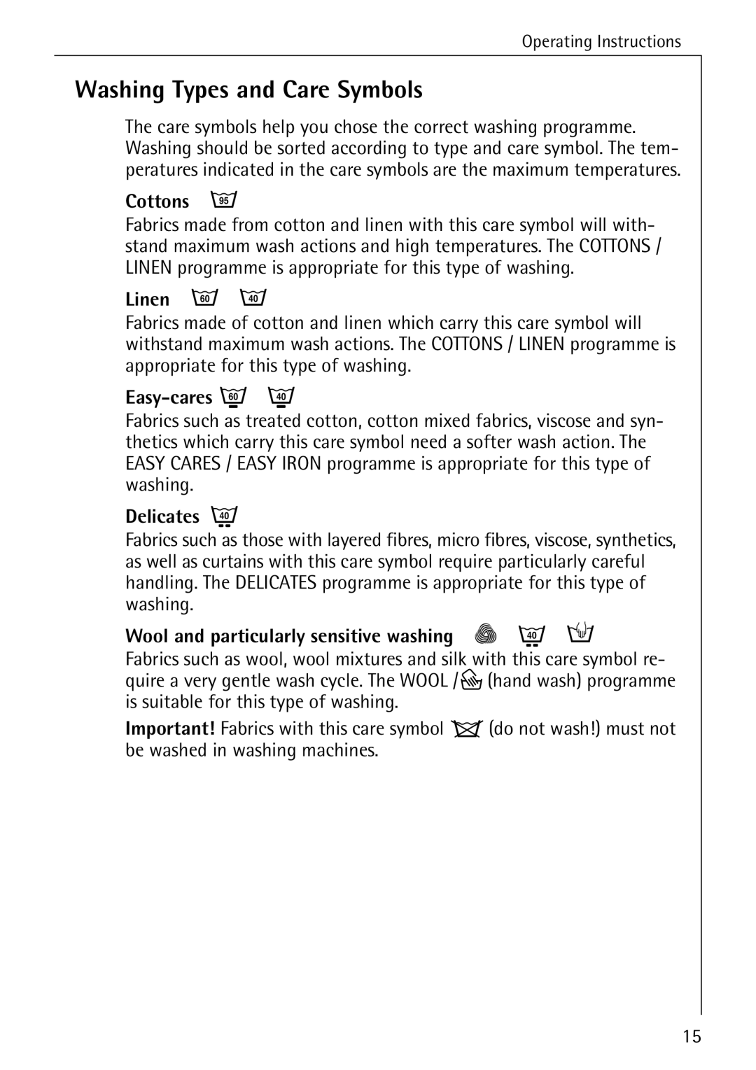 Electrolux 72630 manual Washing Types and Care Symbols 