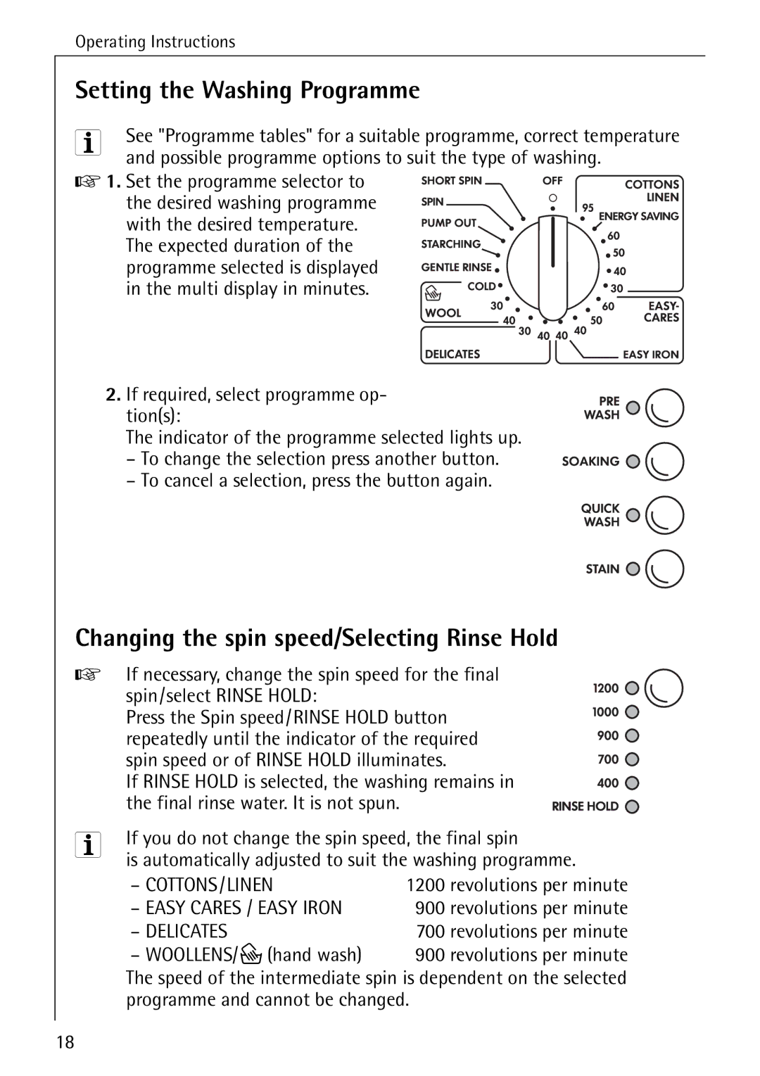 Electrolux 72630 manual Setting the Washing Programme, Changing the spin speed/Selecting Rinse Hold 