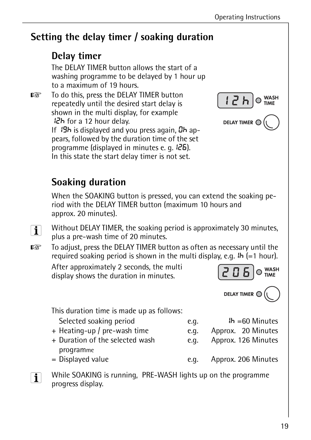 Electrolux 72630 manual Setting the delay timer / soaking duration Delay timer, Soaking duration 