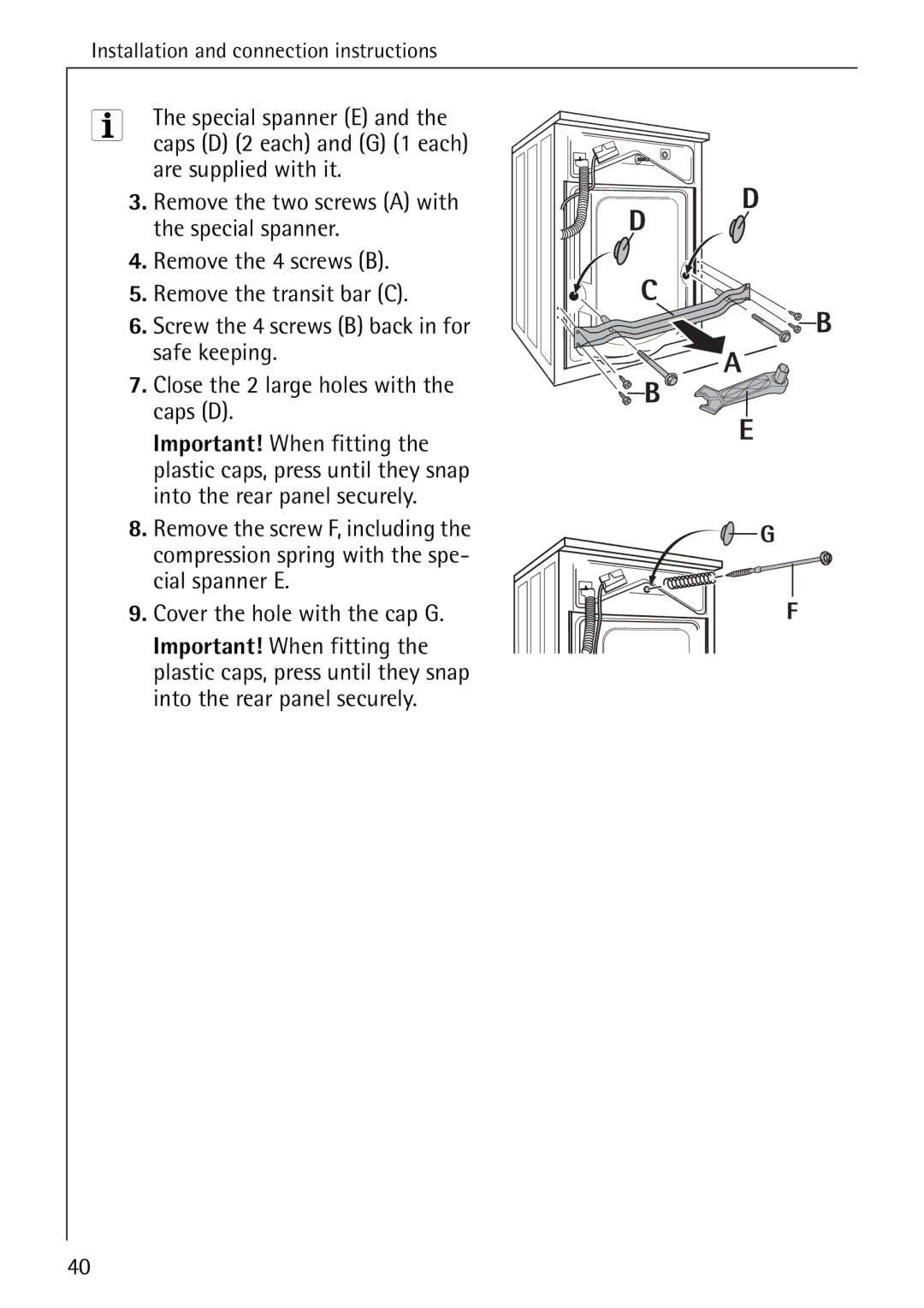 Electrolux 72630 manual Cover the hole with the cap G, Caps D 2 each and G 1 each 