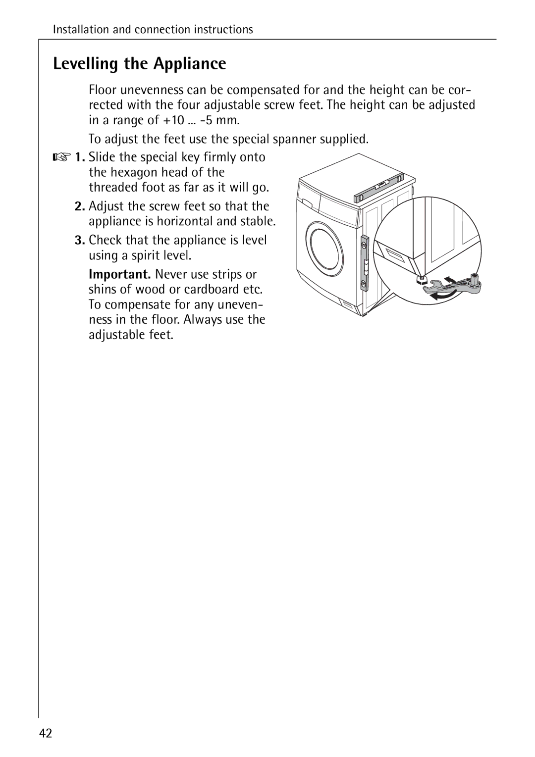 Electrolux 72630 manual Levelling the Appliance, Check that the appliance is level using a spirit level 