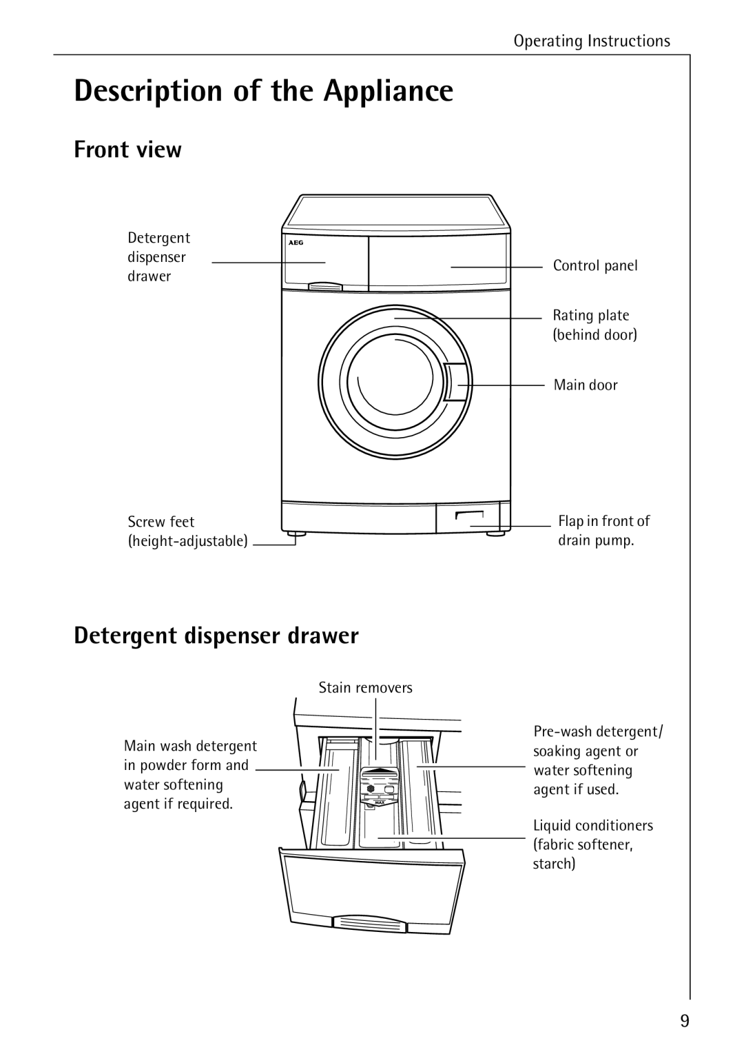 Electrolux 72630 manual Description of the Appliance, Front view, Detergent dispenser drawer, Stain removers 