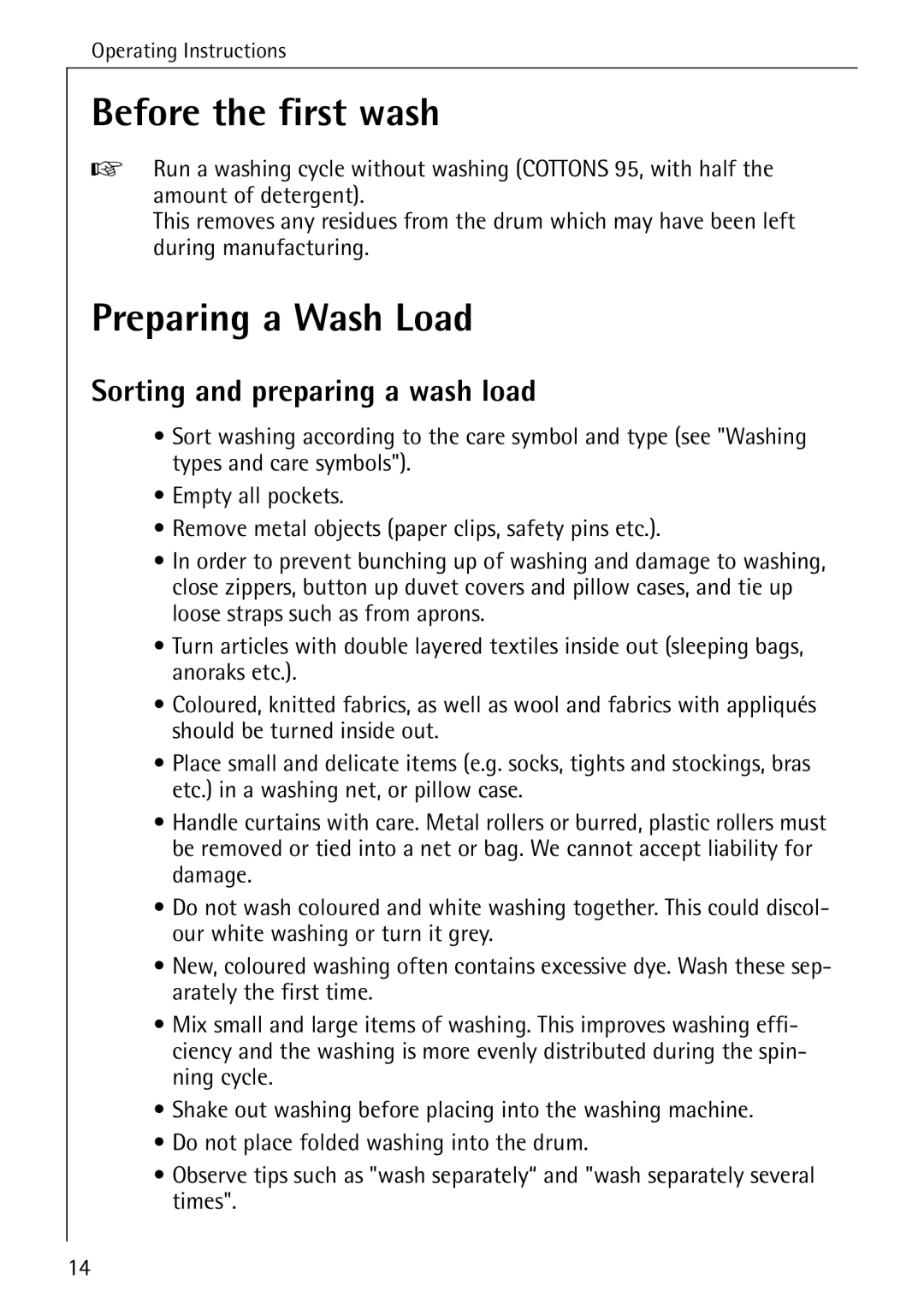 Electrolux 72640 manual Before the first wash, Preparing a Wash Load, Sorting and preparing a wash load 