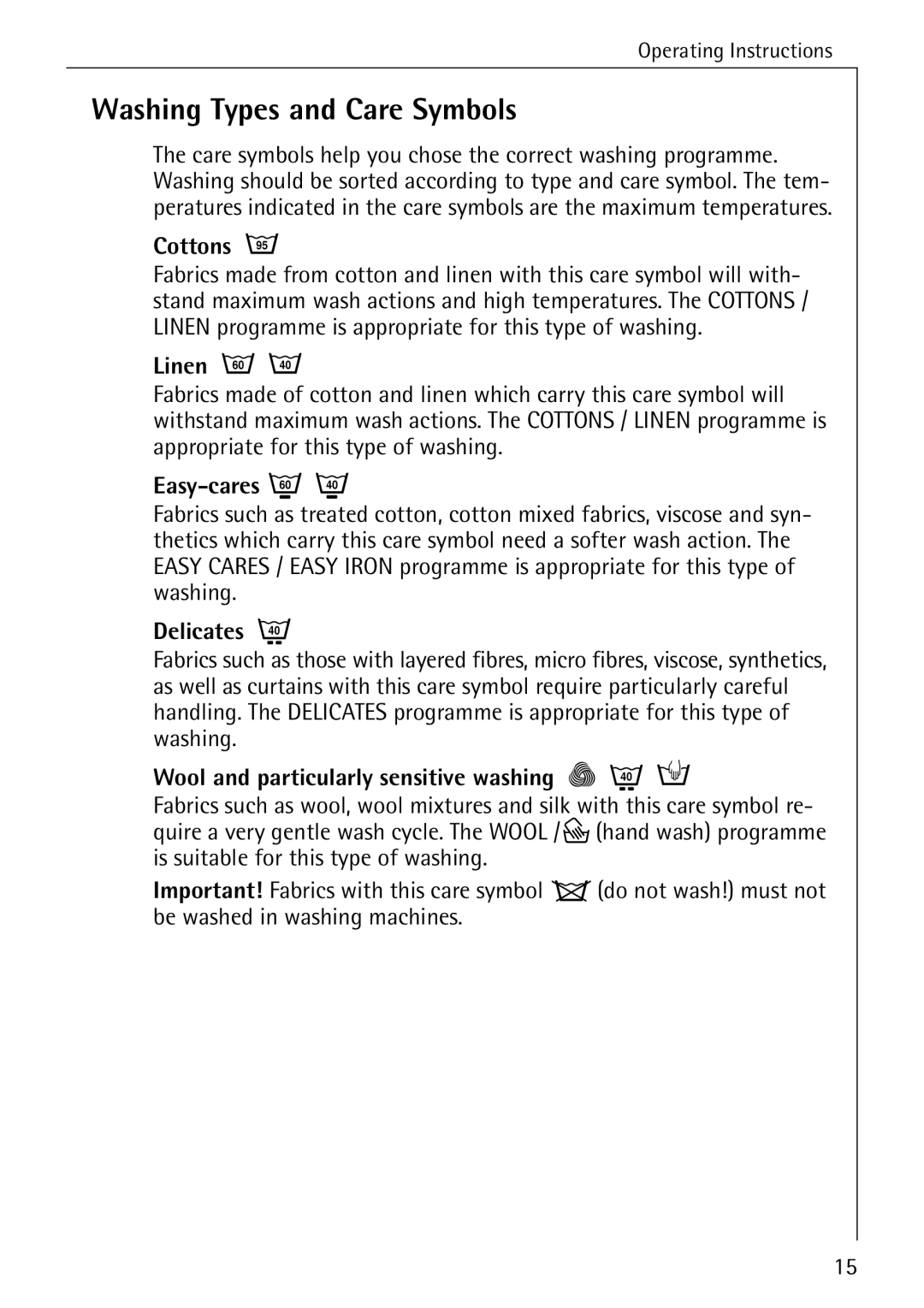 Electrolux 72640 manual Washing Types and Care Symbols 