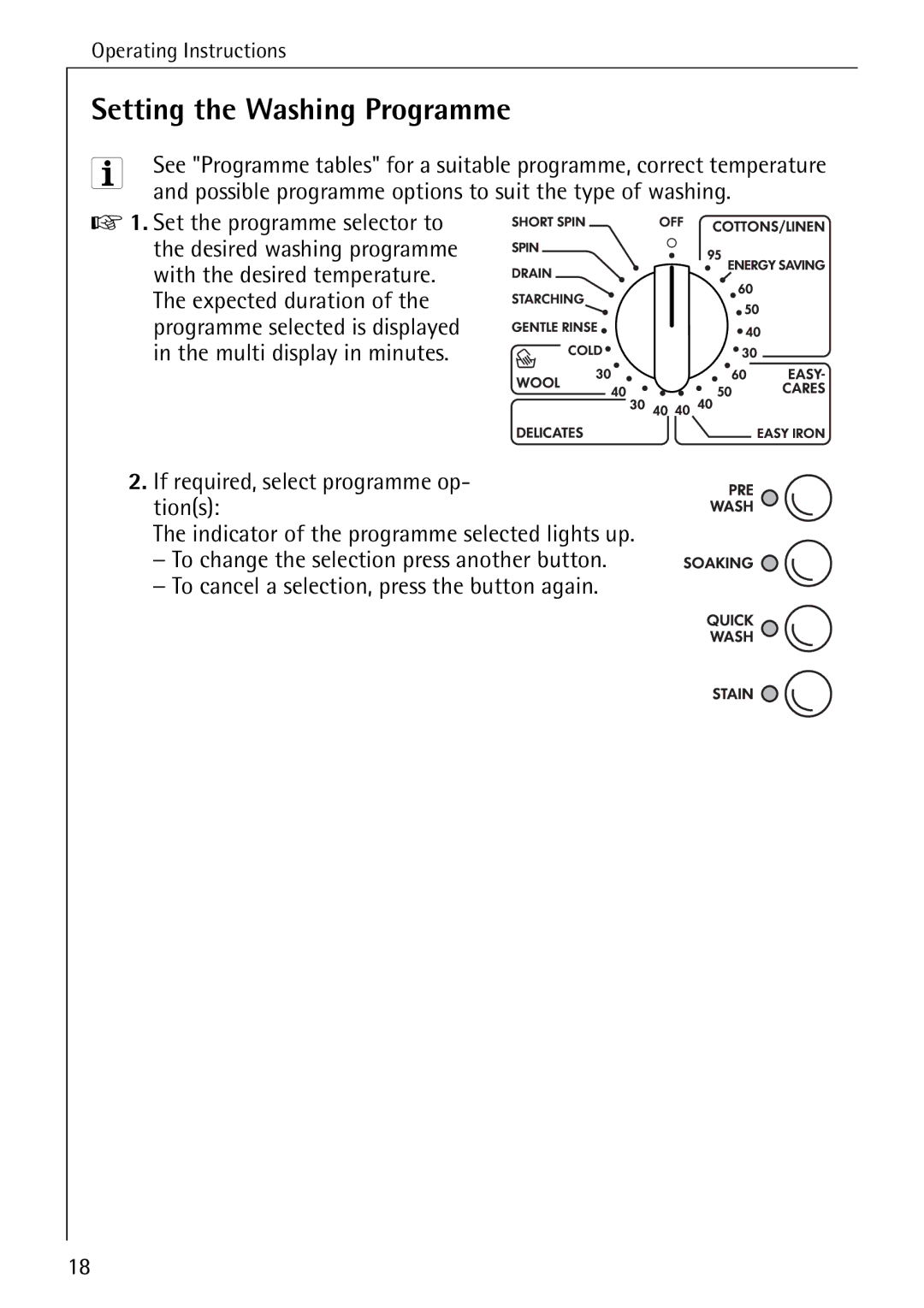 Electrolux 72640 manual Setting the Washing Programme, Possible programme options to suit the type of washing 