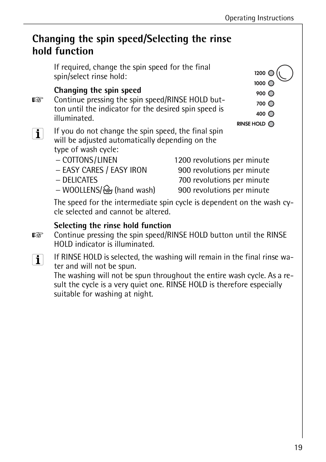 Electrolux 72640 manual Changing the spin speed/Selecting the rinse hold function 