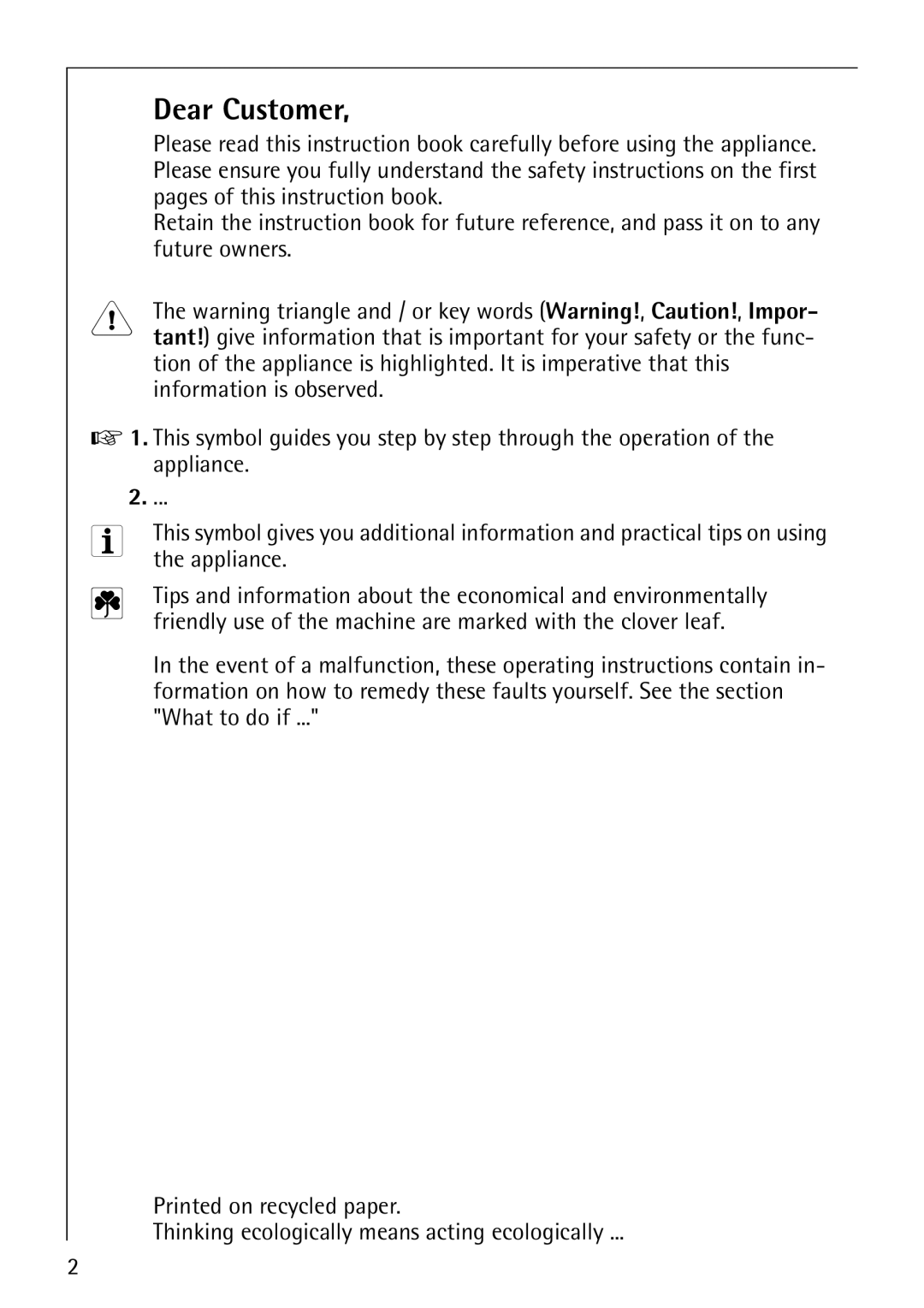 Electrolux 72640 manual Dear Customer, Pages of this instruction book, Future owners, Appliance 