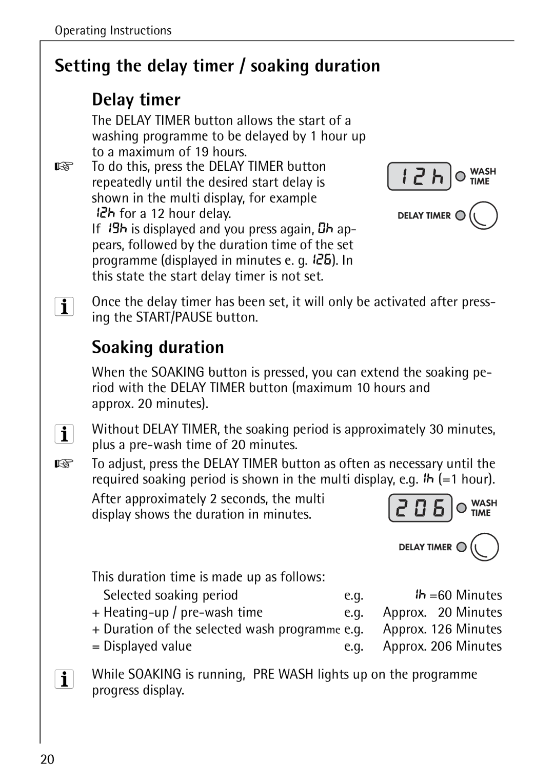 Electrolux 72640 manual Setting the delay timer / soaking duration, Delay timer, Soaking duration 