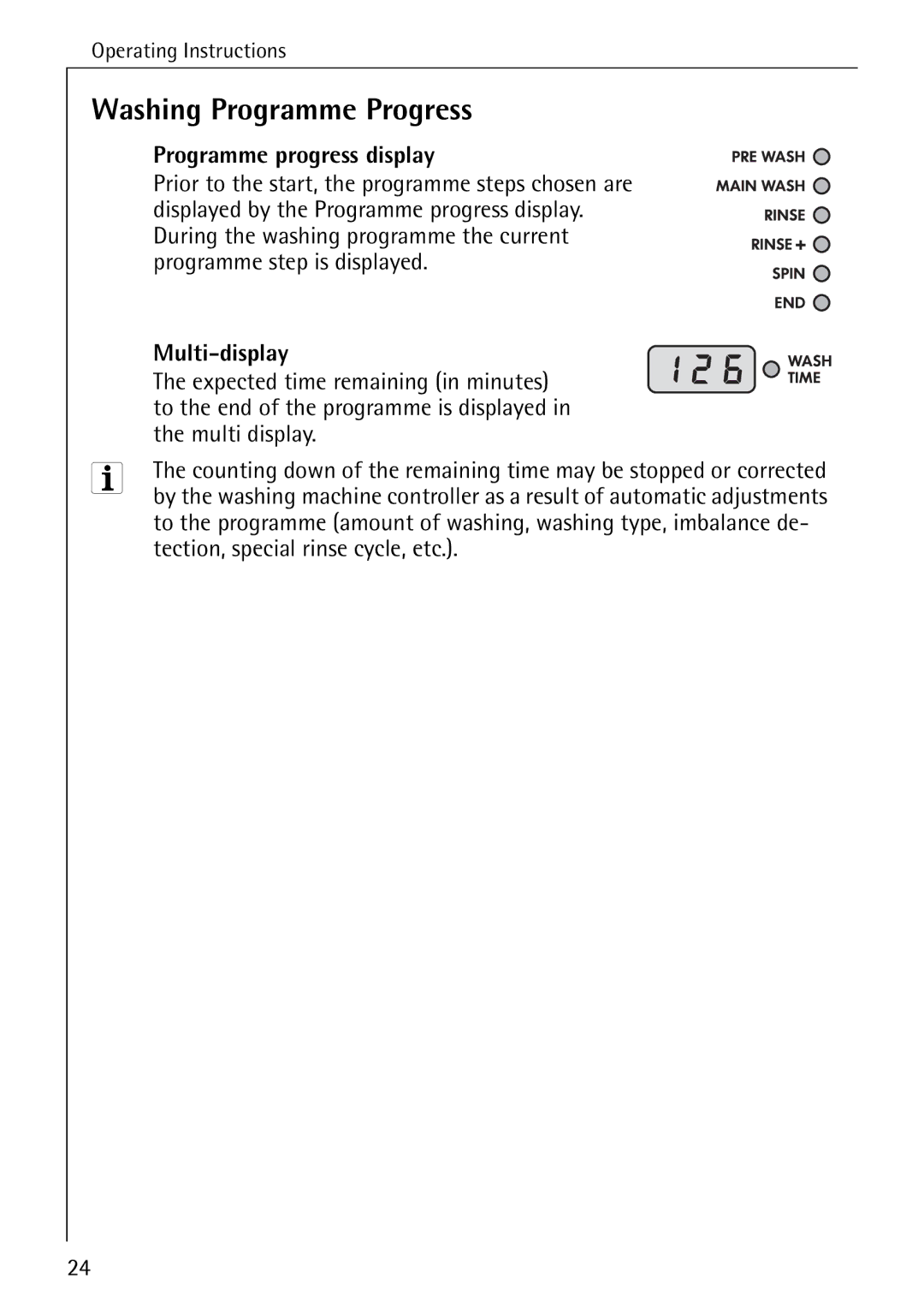 Electrolux 72640 manual Washing Programme Progress, Programme progress display, Multi-display 