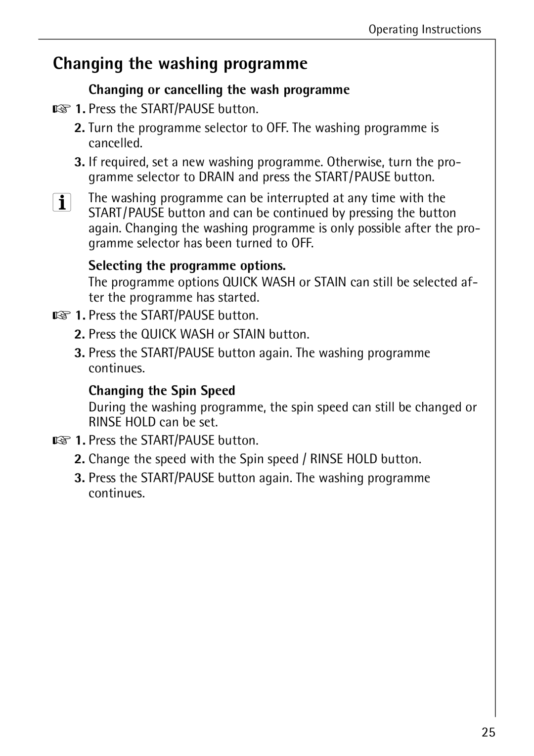 Electrolux 72640 manual Changing the washing programme, Changing or cancelling the wash programme 