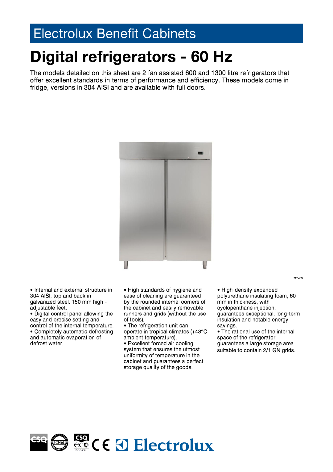 Electrolux 726461, 726453, RS06PX1F6, RS13PX2F6 manual Digital refrigerators - 60 Hz, Electrolux Benefit Cabinets 
