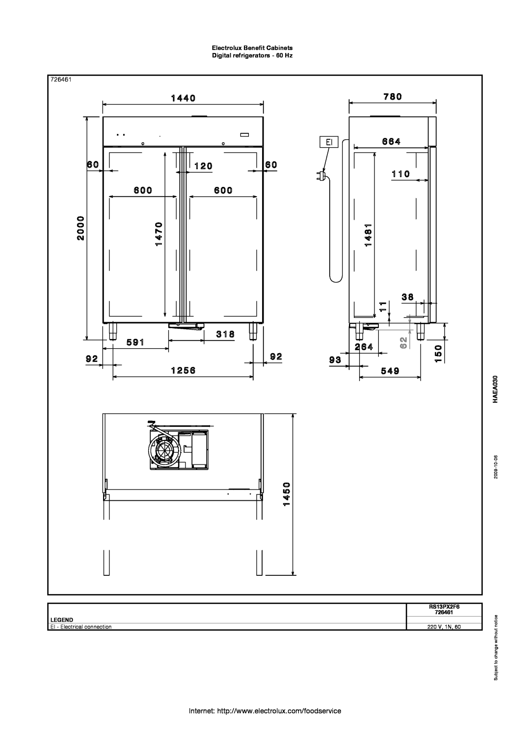 Electrolux 726453 manual 726461, Electrolux Benefit Cabinets Digital refrigerators - 60 Hz, HAEA030, RS13PX2F6, 220 V, 1N 