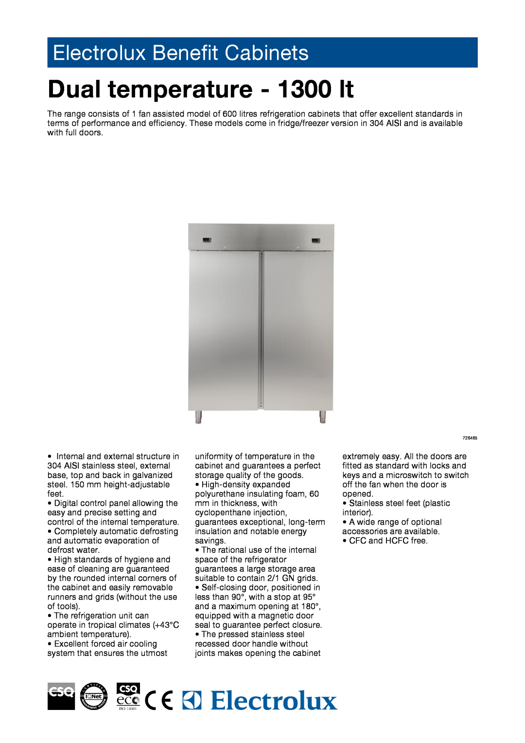 Electrolux RS13DFX2F, 726465 manual Dual temperature - 1300 lt, Electrolux Benefit Cabinets 