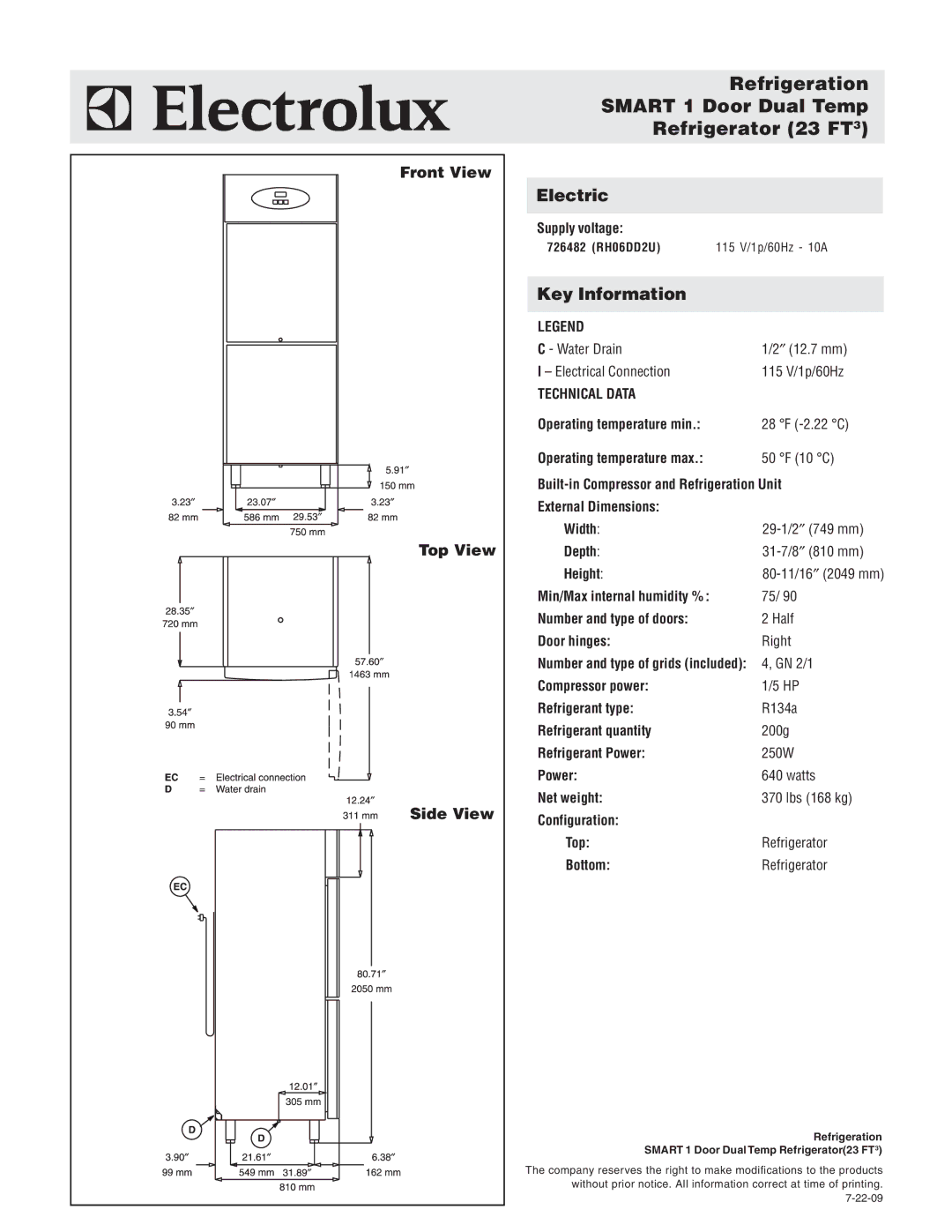 Electrolux 726482, RH06DD2U warranty Refrigeration Smart 1 Door Dual Temp Refrigerator 23 FT3, Front View Top View Side View 