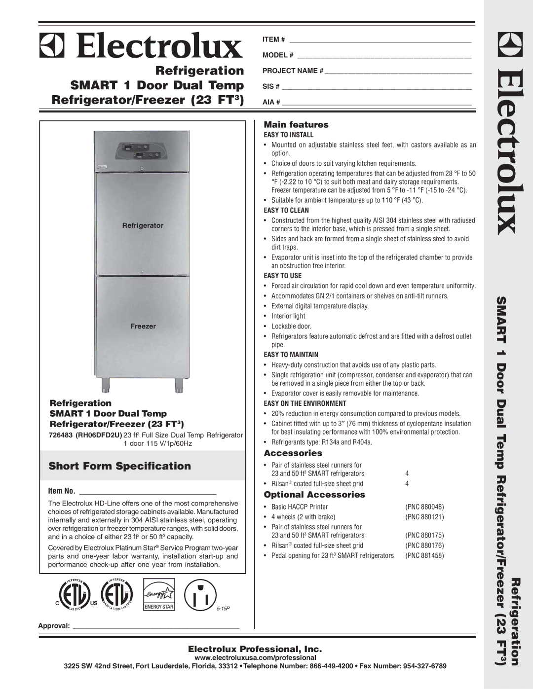 Electrolux RH06DFD2U, 726483 warranty Main features, Optional Accessories, Electrolux Professional, Inc, Item No 