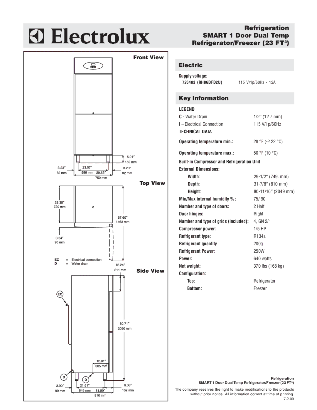 Electrolux 726483, RH06DFD2U warranty Front View Top View Side View 