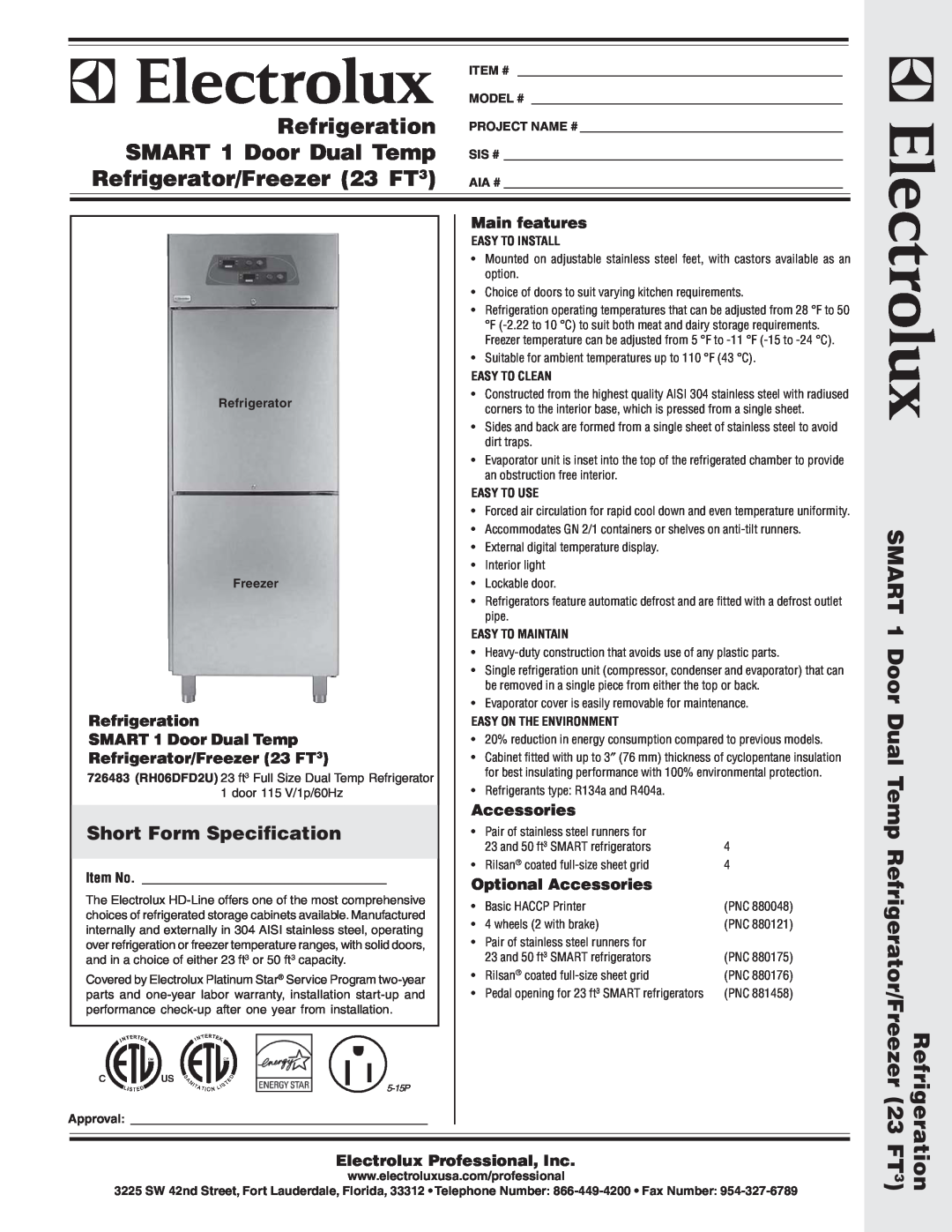 Electrolux RH06DFD2U warranty Short Form Specification, Refrigeration SMART 1 Door Dual Temp Refrigerator/Freezer 23 FT3 