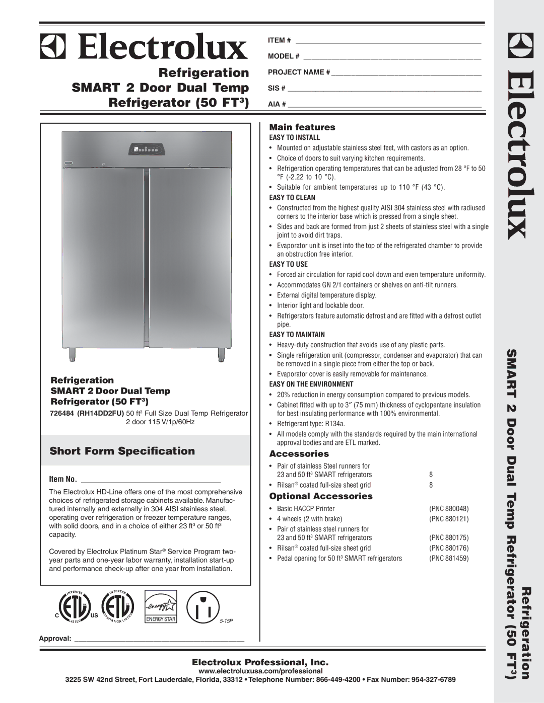 Electrolux 726484 warranty Refrigeration, Smart 2 Door Dual Temp, Refrigerator 50 FT, Short Form Specification 