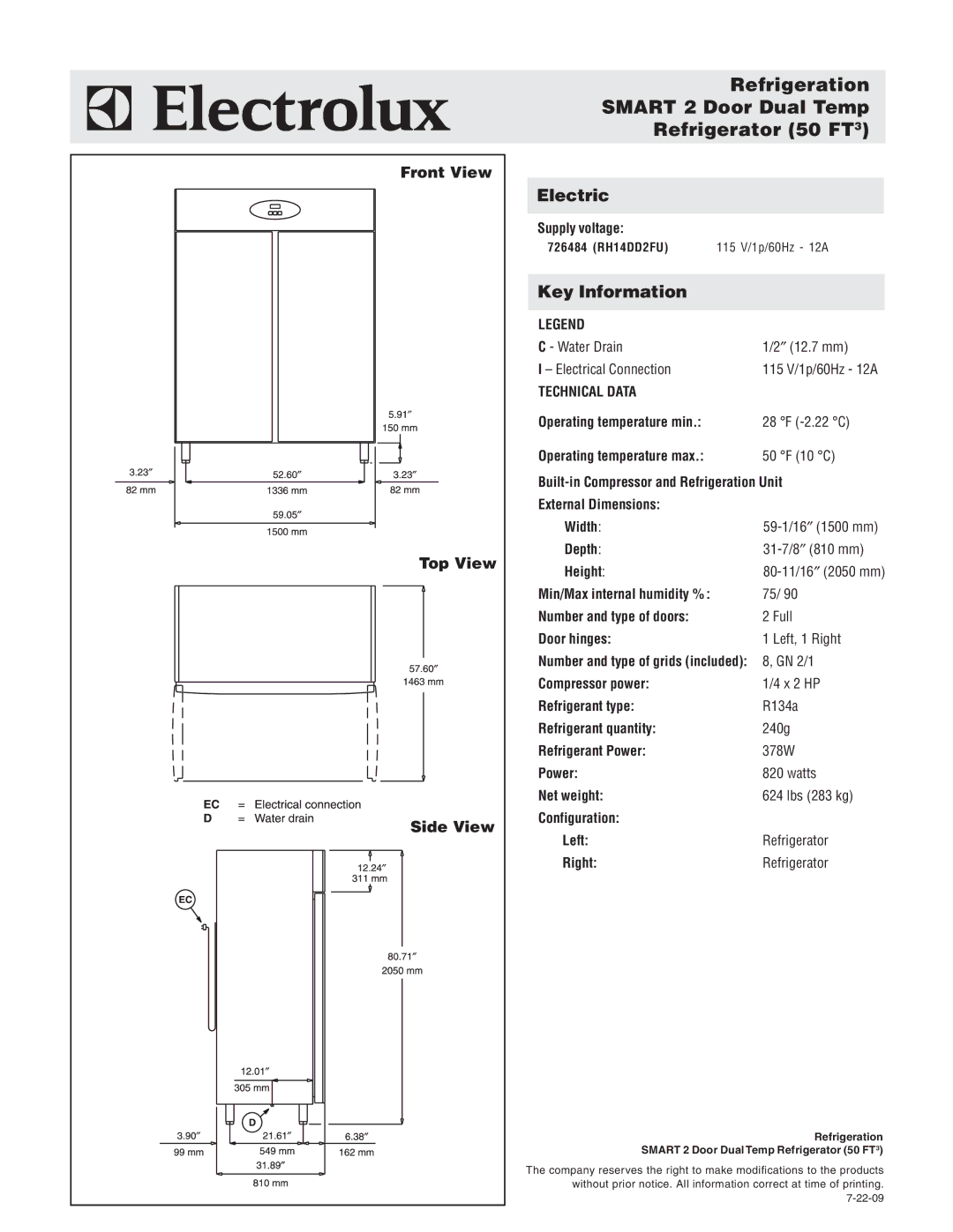 Electrolux 726484 warranty Refrigeration Smart 2 Door Dual Temp Refrigerator 50 FT3, Front View Top View Side View 