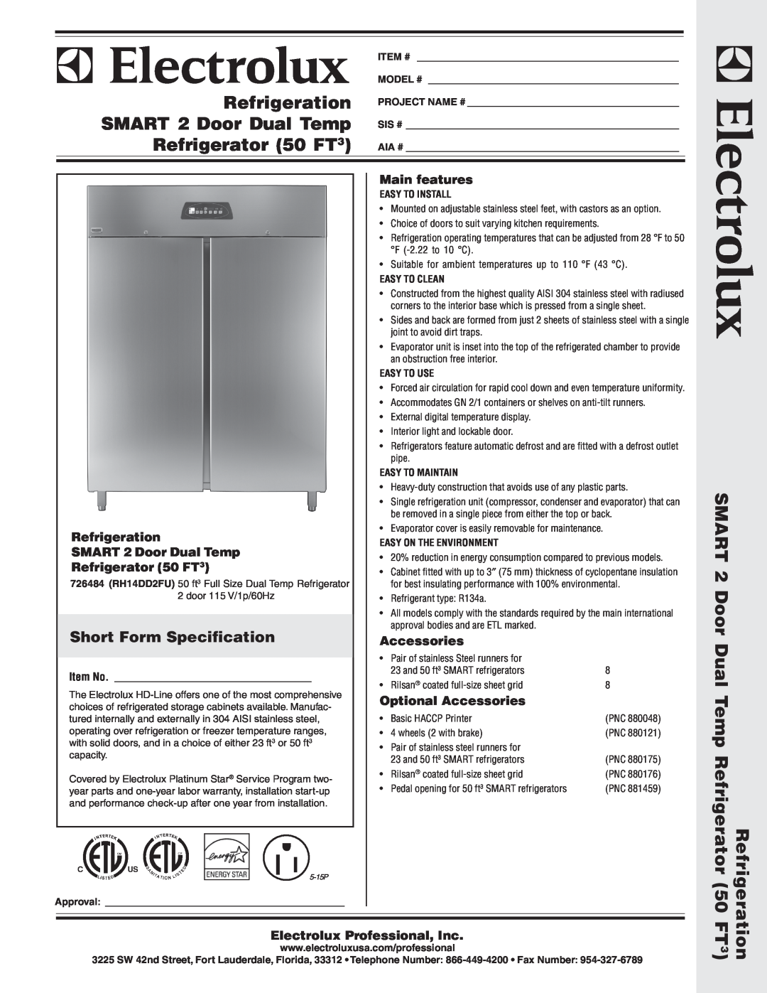 Electrolux 726484 warranty Short Form Specification, Main features, Refrigeration, SMART 2 Door Dual Temp, Accessories 