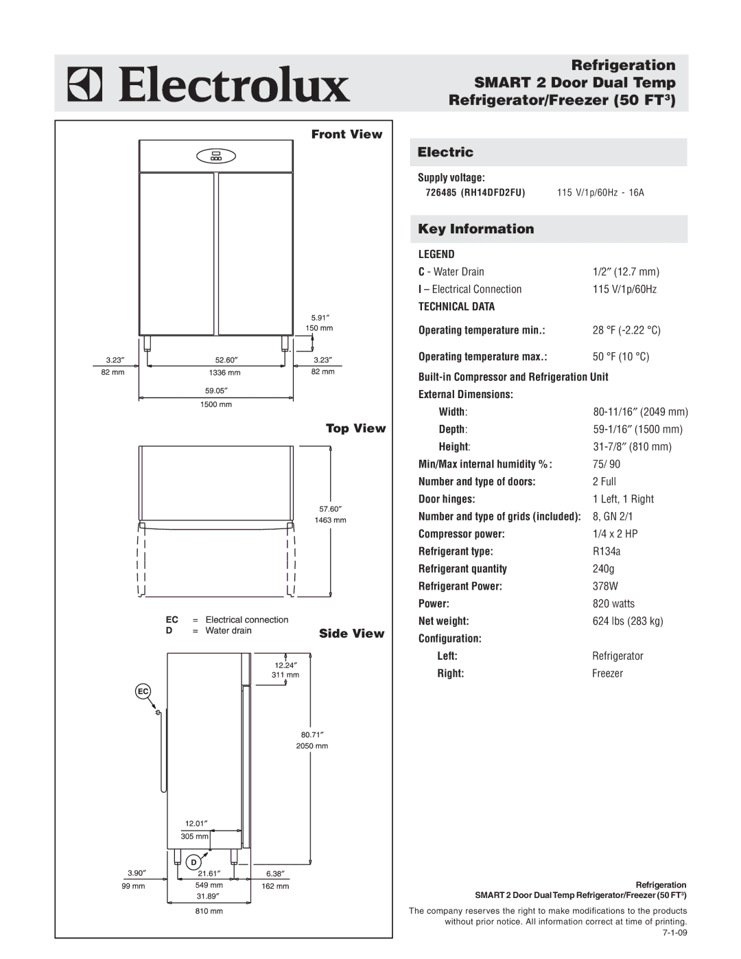 Electrolux 726485 warranty Key Information, Front View Top View Side View 