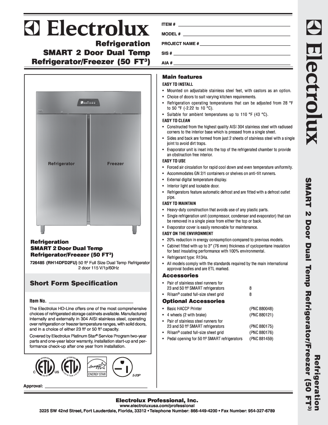 Electrolux 726485 warranty Short Form Specification, Main features, Refrigeration, SMART 2 Door Dual Temp, Accessories 