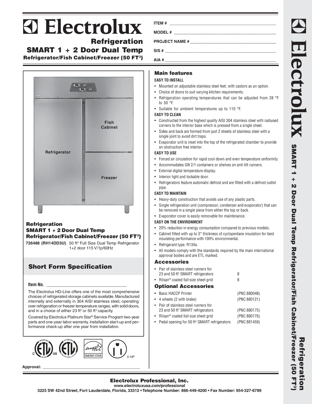 Electrolux 726488 warranty Refrigerator/Fish Cabinet/Freezer 50 FT3, Main features, Optional Accessories 