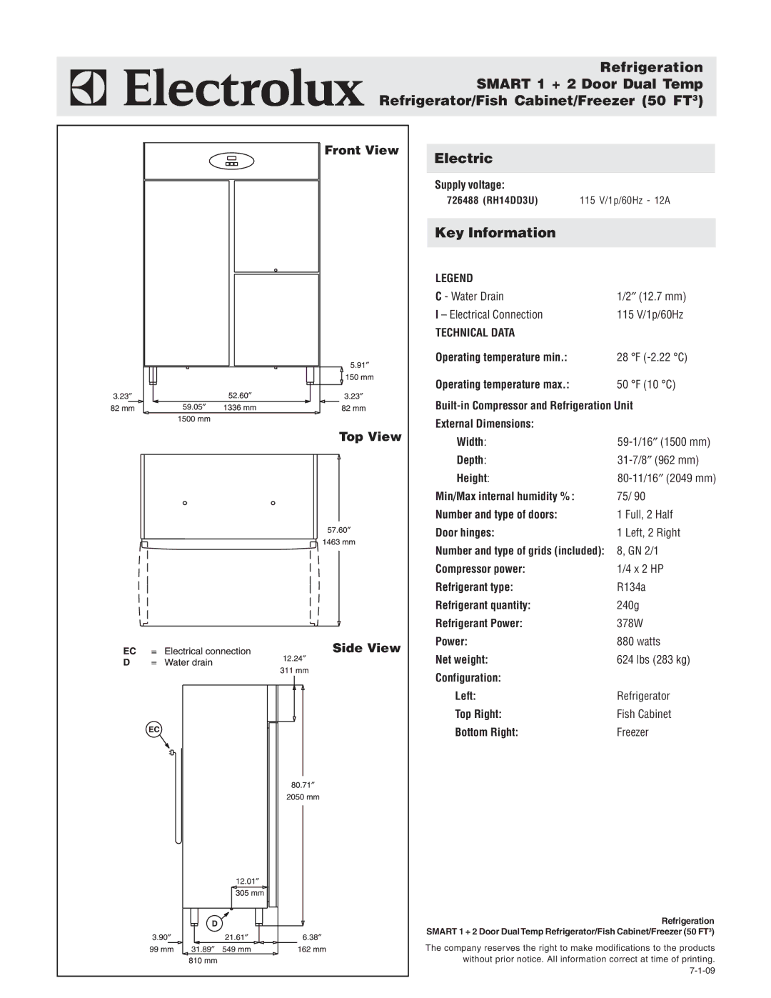 Electrolux 726488 warranty Front View Top View Side View 