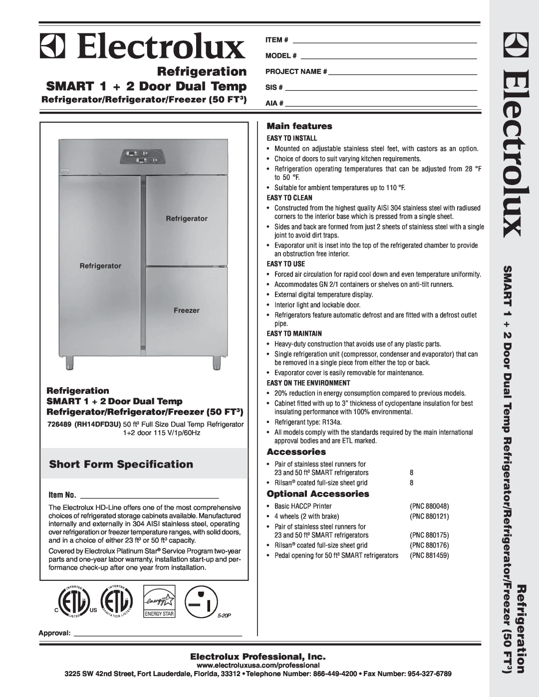Electrolux 726489 warranty Short Form Specification, SMART 1 + 2 Door Dual Temp Refrigerator/Refrigerator/Freezer 50 FT3 