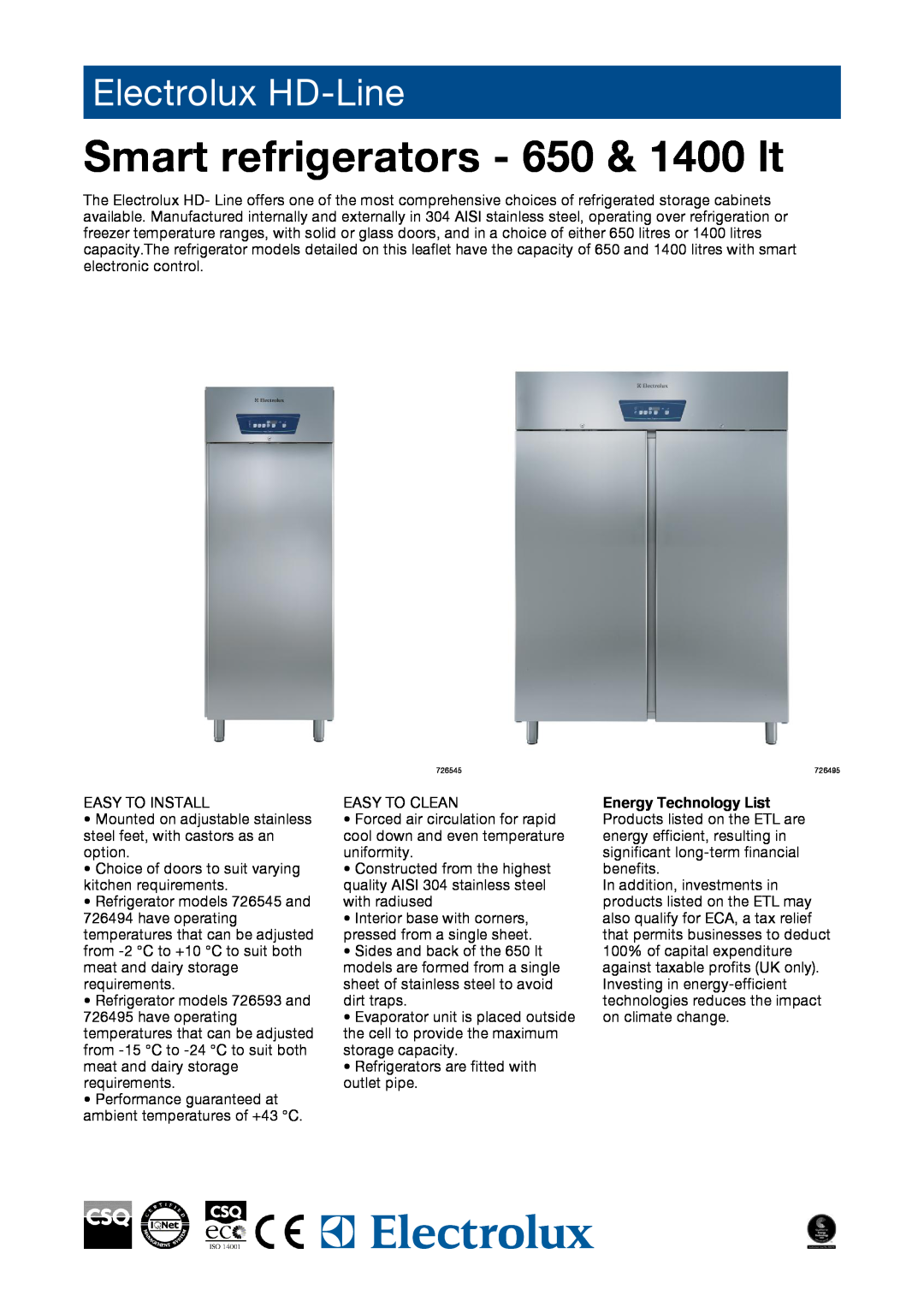 Electrolux 726494, 726495, 726493, 726545, RH14RE2FS, RH14FE2FS manual Smart refrigerators - 650 & 1400 lt, Electrolux HD-Line 