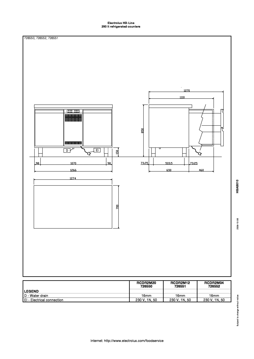 Electrolux 726551, 727074, 727075 726550, 726552, Electrolux HD-Line 290 lt refrigerated counters, HBAB010, 2009-10-06 