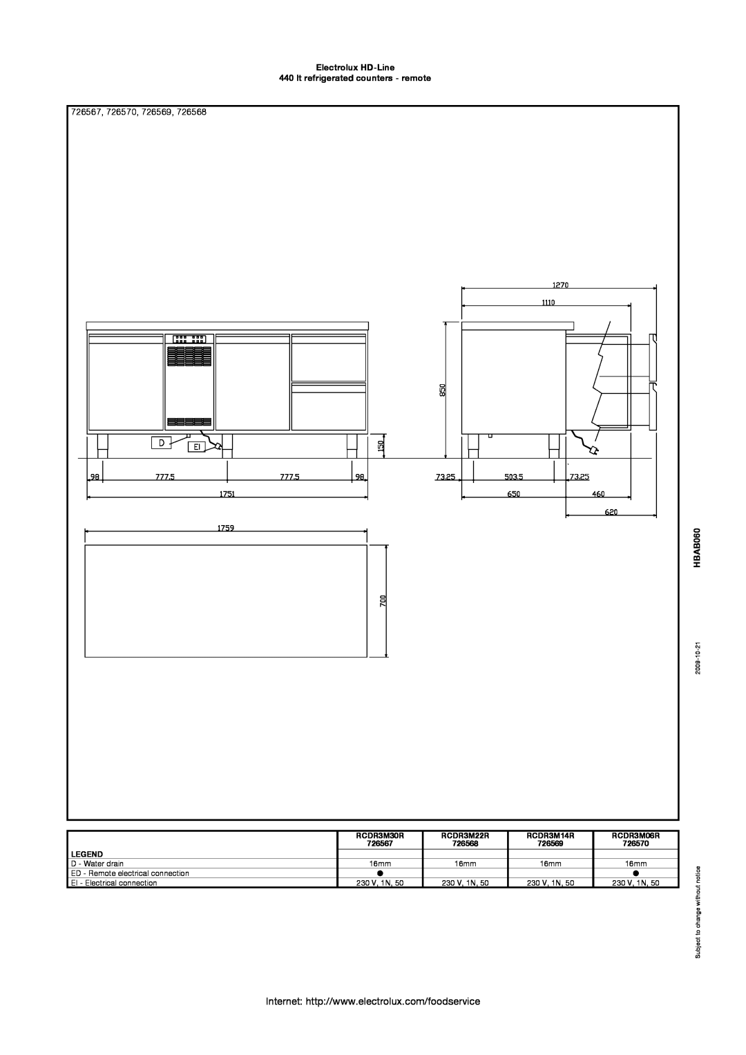 Electrolux manual 726567, 726570, 726569, Electrolux HD-Line 440 lt refrigerated counters - remote, HBAB060, 2009-10-21 