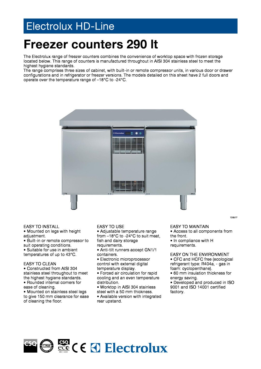 Electrolux 726578, 726579, 726577, RCDF2M20R, RCDF2M20U manual Freezer counters 290 lt, Electrolux HD-Line 