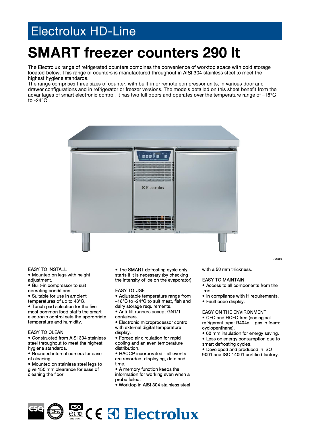 Electrolux RCEF2M2, 726586 manual SMART freezer counters 290 lt, Electrolux HD-Line 