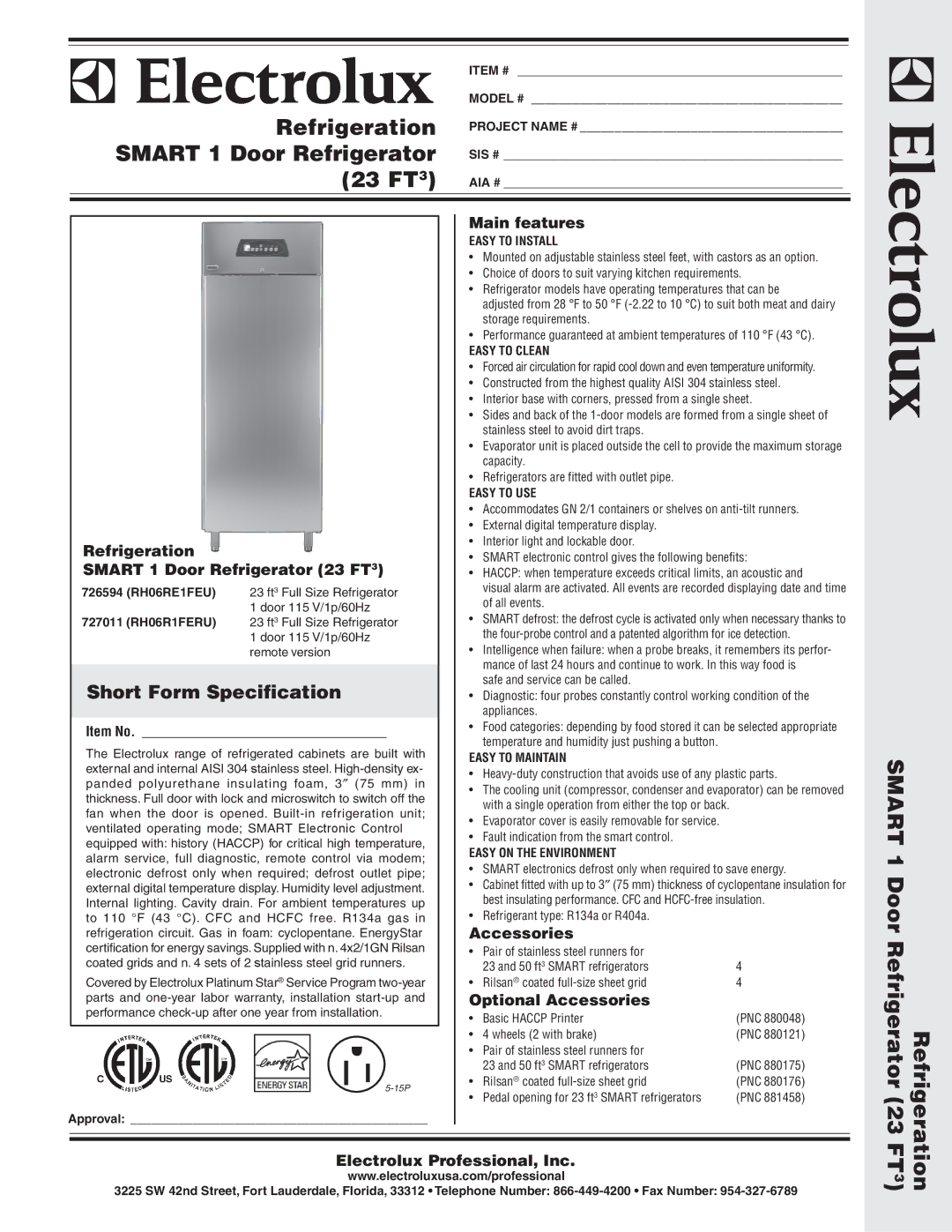 Electrolux 727011, 726594, RH06R1FERU warranty Main features, Refrigeration, Smart 1 Door Refrigerator 23 FT3, Accessories 